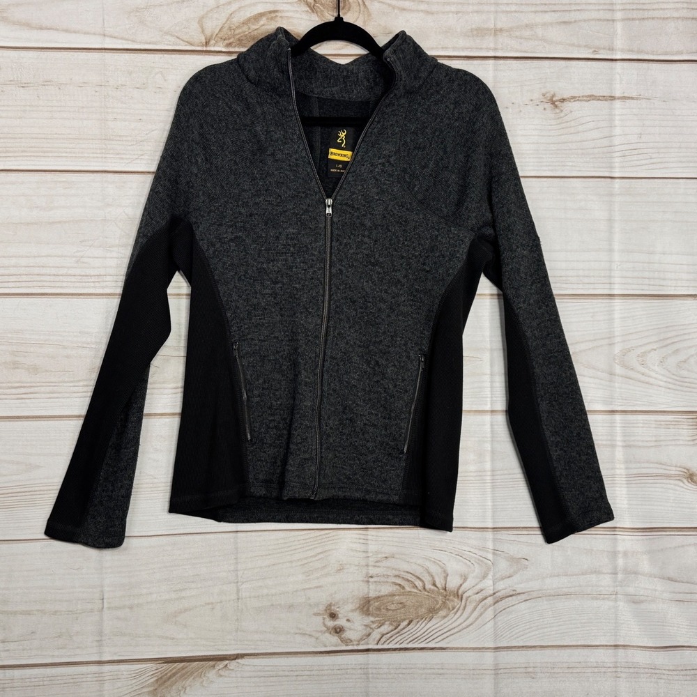 Browning‎ Womens Full Zip Sweater Jacket Gray Black Buckmark Fleece Lined Large